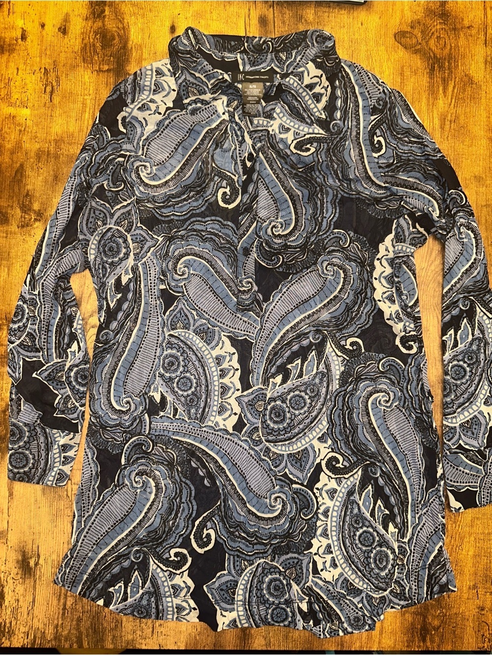 INC International Concepts Blue and White Paisley Button-Down Shirt Sheer #190
